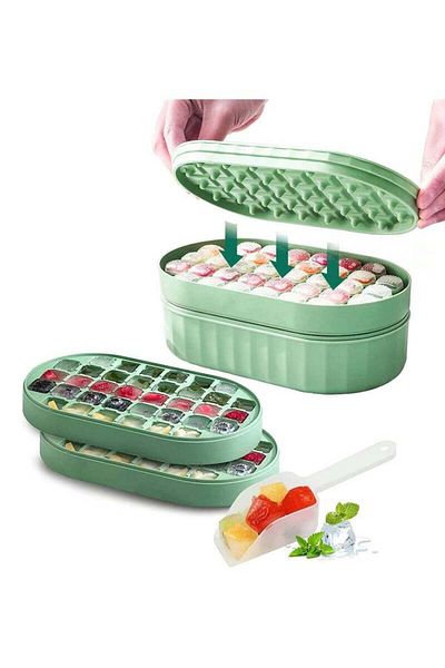 COOYA 72 Square Ice Cube Moulds,with Lid and Bucket Ice Scoop Ice Cube Tray for Freezer Coffee,Green