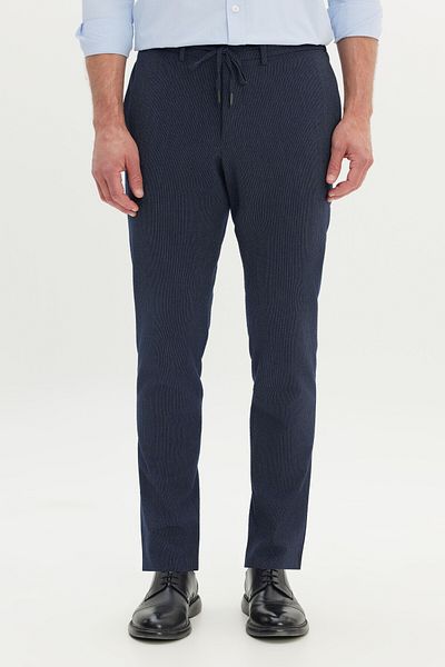 ALTINYILDIZ CLASSICS Men's Navy Blue Slim Fit Slim Fit Seersucker Patterned Flexible Tie Waist Trousers