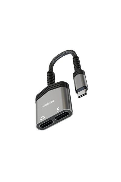 Green Lion 2'si 1 Arada Splitter Adaptör, 60W Hızlı Şarj Destekli Type-C Ses ve Şarj Ayırıcı Dönüştürücü