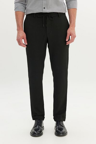 ALTINYILDIZ CLASSICS Men's Black Slim Fit Narrow Cut Seersucker Patterned Flexible Tie Waist Trousers