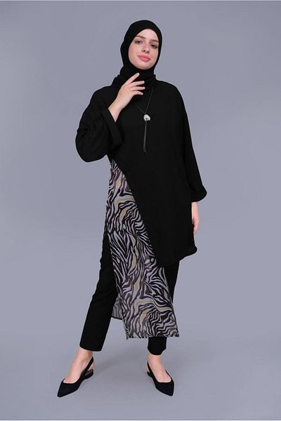Alvina Patterned Towel Detailed Round Neck Tunic 40846