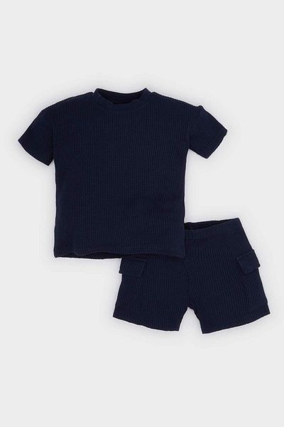 DeFacto Baby Boy Waffel 2-teiliges Set Kurzarm-T-Shirt Shorts mit elastischem Bund E8739a525sm
