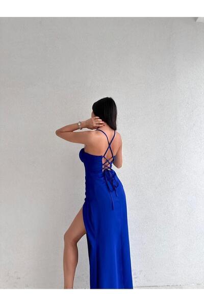 Genel Markalar Korse Formlu Sırt Dekolteli Derin Yırtmaçlı Ince Askılı Midi Mavi Elbise