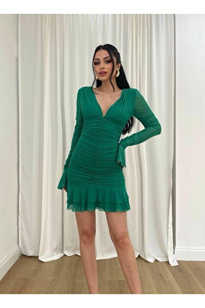 MİSSCİXFASHİON Kadın Abiye Derin V Yaka Büzgülü Tül Kol ve  Etek Ucu Detaylı ...