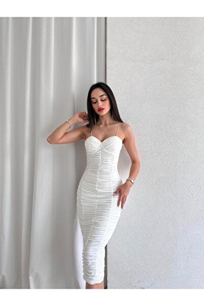 MİSSCİXFASHİON Ip Askılı Beyaz Boydan Sık Drapeli Beyaz Midi Elbise - Abiye & Mezuniyet Elbisesi