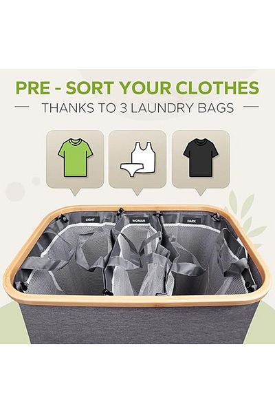 COOYA 150L Collapsible Laundry Hamper with Lid, 3 Removable Bags & Labels (Grey)