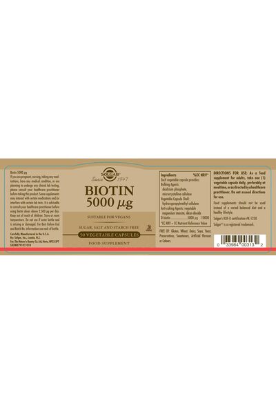 Solgar Solgar Biotin 5000 g | 50 Vegicaps | Supports Healthy Skin, Hair, and Nails | Contributes to Energ