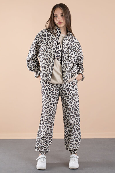 Cansın Mini Krem Leopar Desenli Paraşüt Ceketli Bisiklet Yaka Tişörtlü Kız Çocuk 3lü Takım 20637