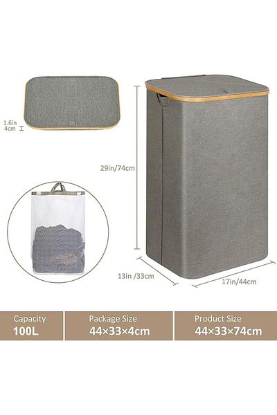 COOYA Foldable Laundry Basket with Lid and Removable Inner Bags, 100L Large Laundry Hamper with Handle