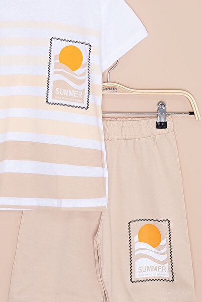 Cansın Mini Cream Line Patterned Summer Print Boy's Shorts Suit 20648