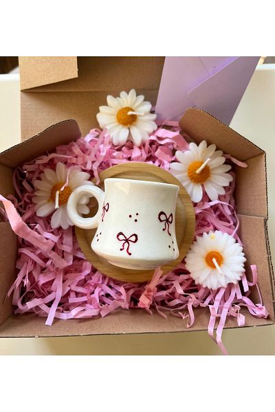 Flossy Design Handmade Ribbon Ceramic Single Coffee Cup with Daisy Candle Gift