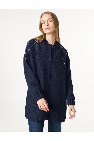 Kayra Μπουφάν με πέτρα κεντημένο Seersucker Dark Navy Blue