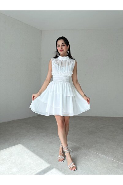 Mooi Butik Stand Collar Zero Sleeve Messina Dress 2292 - White