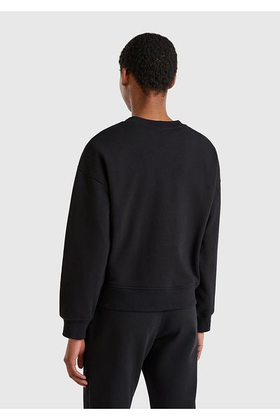 United Colors of Benetton Women's Black Cotton Blend Logo Printed Crew Neck Sweatshirt