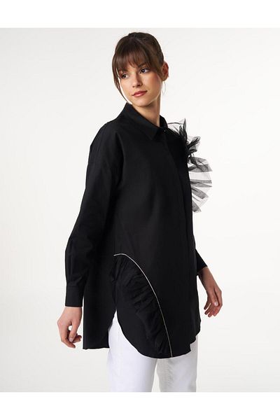 Kayra Tulle Detailed Cotton Tunic Black