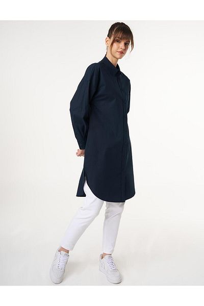 Kayra Shirt Collar Cotton Tunic Dark Navy Blue