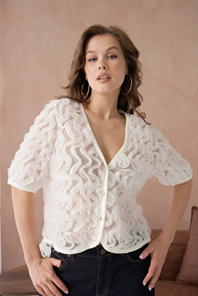 Park Karon Fır Fır Detail Buttoned Full Tulle Blouse