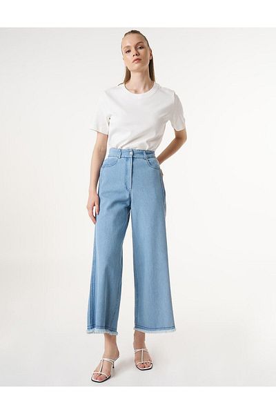 Kayra Pantaloni din denim cu ciucuri cu ciucuri, albastru gheață