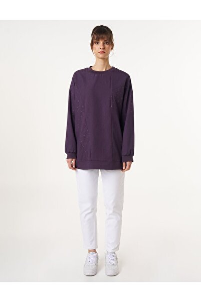 Kayra Hotfix Baskılı Gofreli Sweatshirt Patlıcan Moru