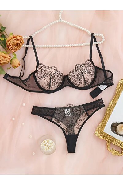 YIWU مجموعة ملابس داخلية نسائية غريبة من الدانتيل الرقيق بنمط الأزهار شبه الش...