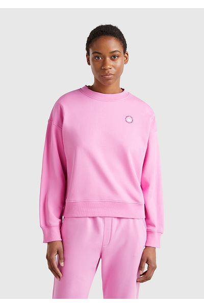 United Colors of Benetton Women's Pink Cotton Blend Logo Printed Crew Neck Sweatshirt