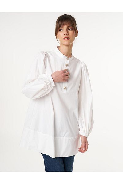 Kayra Shiny Buttoned Tunic - Ecru Color