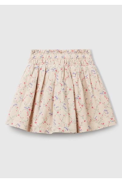 United Colors of Benetton Girl's Ecru Seersucker Fabric Floral Patterned Belted Skirt with Elastic Waist