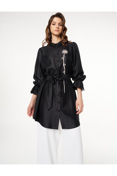 Kayra Black Belted Satin Tunic with Stone Workmanship