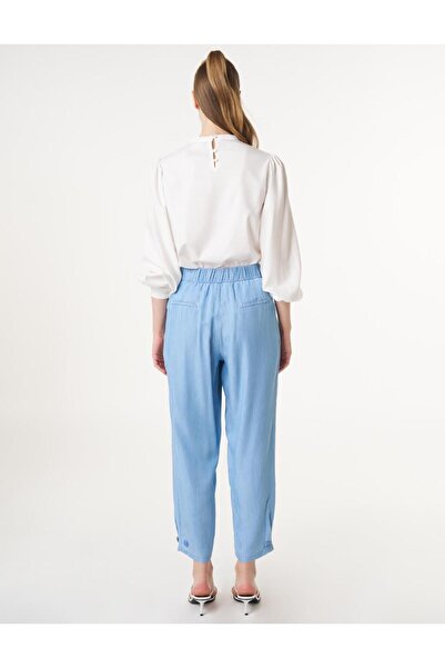 Kayra Paçası Düğmeli Denim Efektli Pantolon Mavi