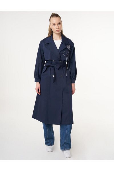 Kayra Floral Appliqued Belted Trench Coat Dark Navy Blue