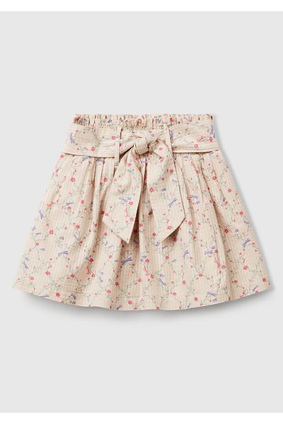 United Colors of Benetton Girl's Ecru Seersucker Fabric Floral Patterned Belted Skirt with Elastic Waist