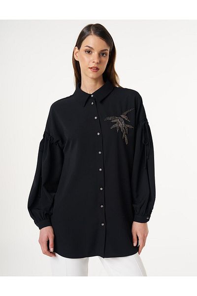Kayra Black Embroidered Satin Tunic