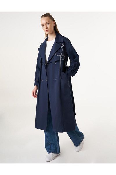 Kayra Floral Appliqued Belted Trench Coat Dark Navy Blue