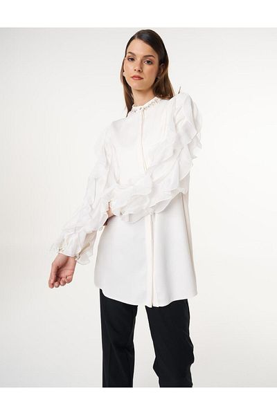 Kayra Βολάν μανίκια Satin Tunic Ecru Χρώμα