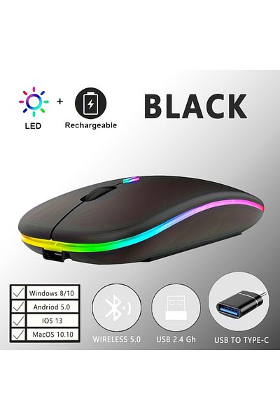 Choice ماوس لاسلكي أسود قابل لإعادة الشحن مع إضاءة خلفية LED وبلوتوث مع محول من النوع C، ماوس ألعاب مناسب