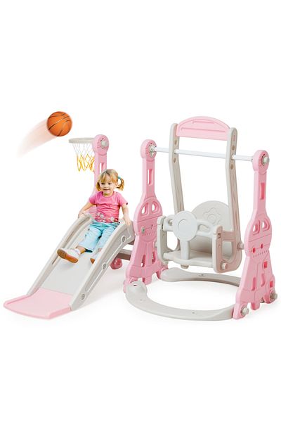 FULLJOY Slide With Swing ,climbing Ladder And Basketball Hoop 4*1, 138*118*110cm