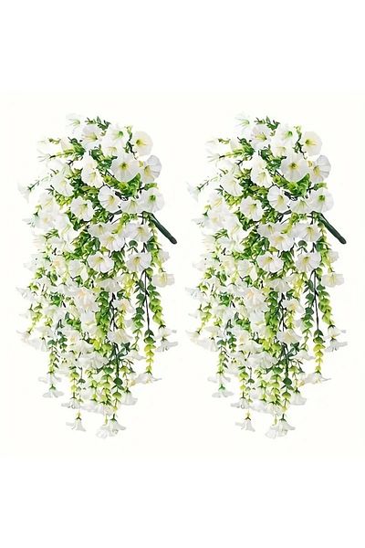 Choice WHITE 2pcs UV-Resistant Artificial Morning Glory & Eucalyptus Hanging Decor - Perfect for Home, Gard