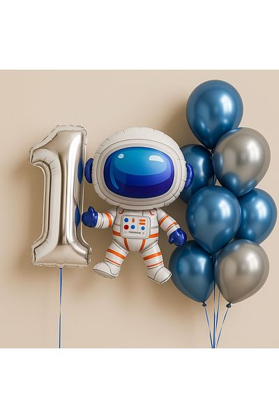 ebru parti evi 1 Year Old Space Themed Foil Balloons Set Astronaut and Silver-Blue Balloons