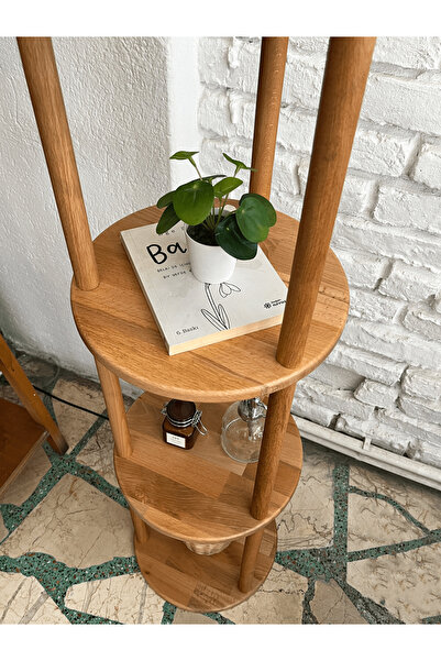 Fagus Wood Lona Raflı Lambader, 3 Katlı Ahşap Zemin Aydınlatması, Keten Abajurlu Masif Modern Dekoratif Lamba