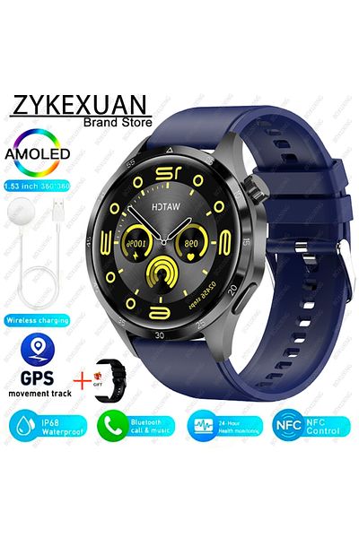 ZYKEXUAN GPS NFC Smart Watch Blue For HUAWEI IOS Outdoor Sport GPS Smart Watch Men 1.53-inch HD AMOLED Screen