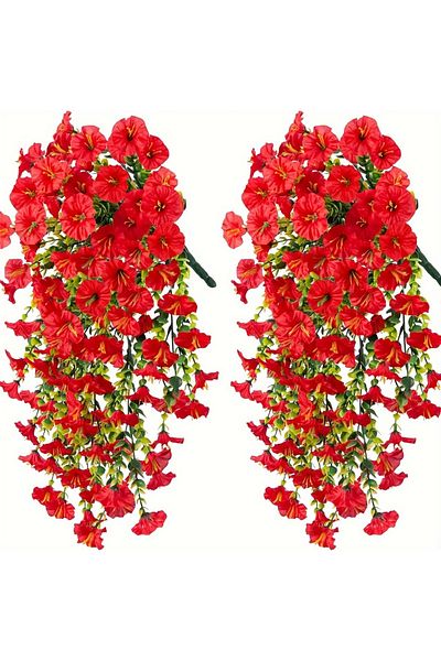 Choice Red 2pcs UV-Resistant Artificial Morning Glory & Eucalyptus Hanging Decor - Perfect for Home, Garden