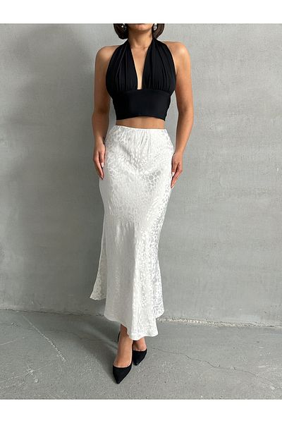 BEJNA Fusta lungă din satin cu model leopard alb de damă