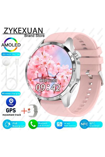 ZYKEXUAN GPS NFC Smart Watch Pink For HUAWEI IOS Outdoor Sport GPS Smart Watch Men 1.53-inch HD AMOLED Screen