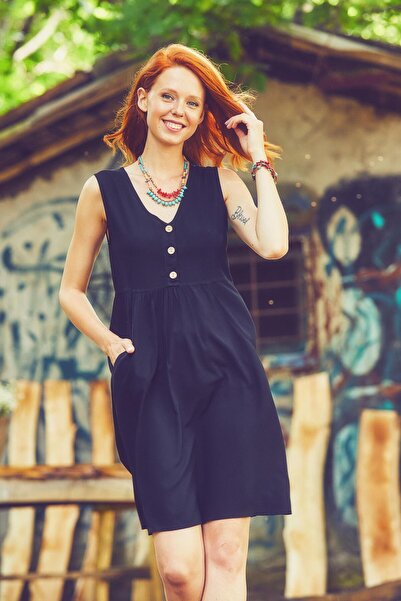 Los banditos V Neck Button Detailed Sleeveless Authentic Dress