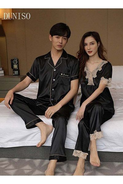 Generic Duniso Couple Pajama Set Silky Pajamas Two-piece Set Short Sleeve Summer Home Clothes