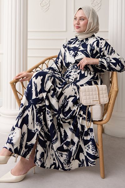 InStyle Buttoned Brush Pattern Navy Blue Viscose Dress