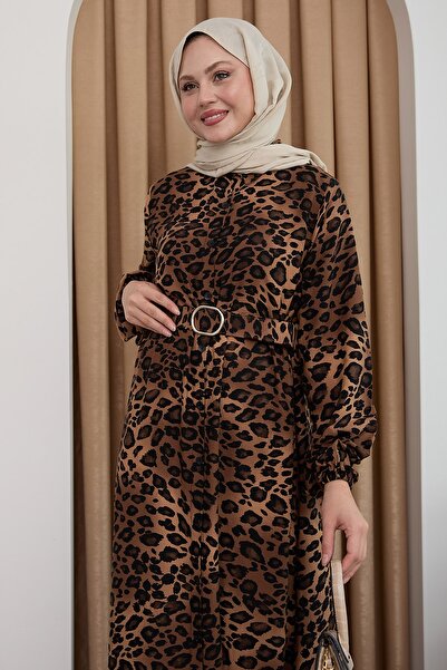 InStyle Leopar Desen Kahverengi Viskon Elbise