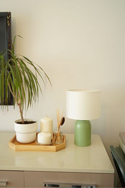 retro home design Yeşil Sıvama Ayaklı Komidin Üstü Şık Dekoratif Silindir Şapkalı Masa Lambası Abajur