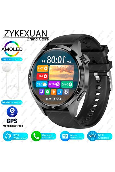 ZYKEXUAN GPS NFC Smart Watch Black For HUAWEI IOS Outdoor Sport GPS Smart Watch Men 1.53-inch HD AMOLED Scree
