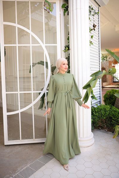 Zaure Women's Hijab Covered Buttoned Belted Dress